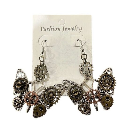 Butterfly Gear Steampunk Clockwork Mixed Metal Fashion Earrings NEW Whimsigoth - Picture 1 of 5